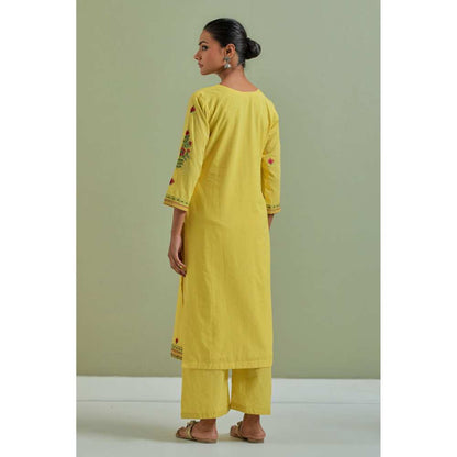Priya Chaudhary Cotton Embroidered Yellow Kurta with Pant and Dupatta (Set of 3)