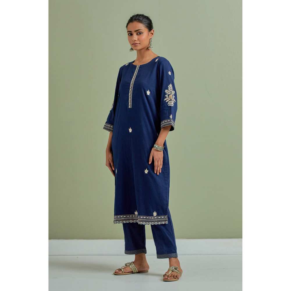 Priya Chaudhary Cotton Embroidered Blue Kurta with Pant and Dupatta (Set of 3)
