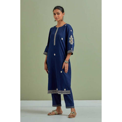Priya Chaudhary Cotton Embroidered Blue Kurta with Pant (Set of 2)