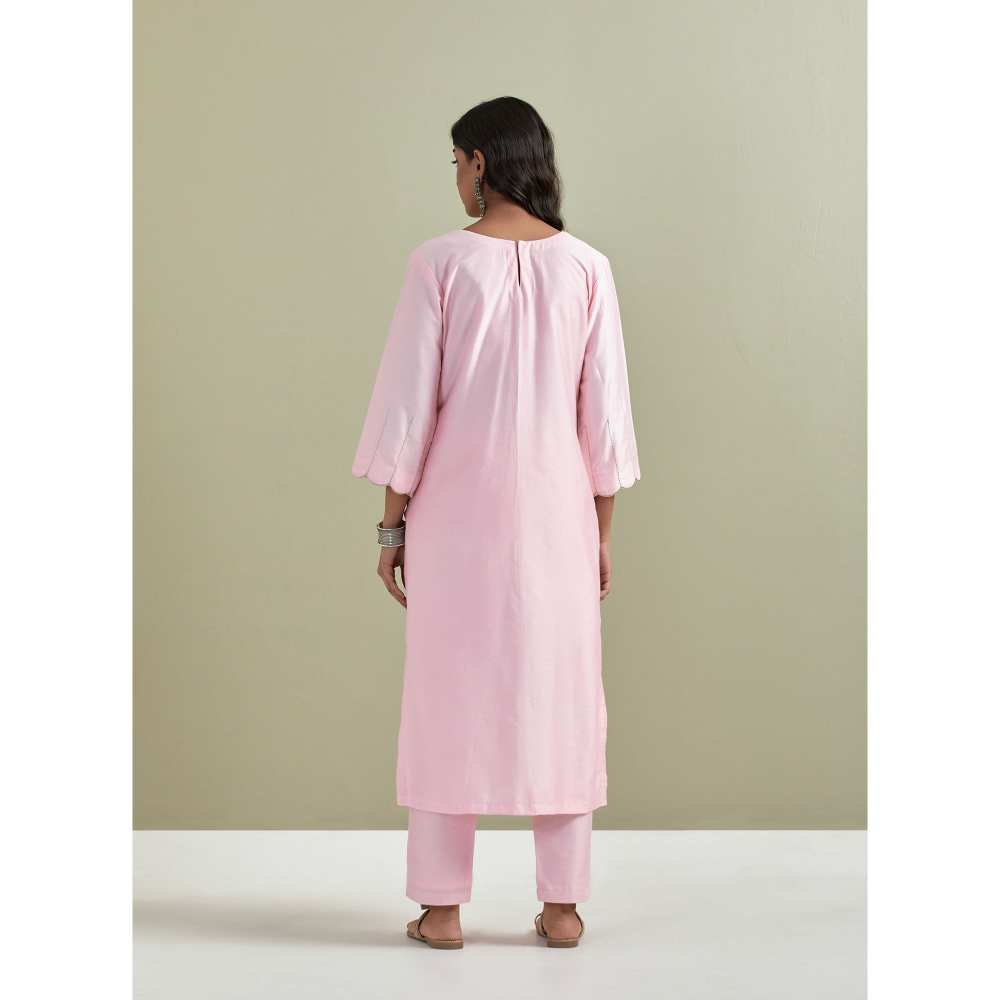 Priya Chaudhary Chanderi Embroidered Pink Kurta with Pant (Set of 2)