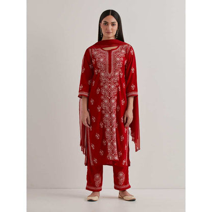 Priya Chaudhary Cotton Embroidered Red Kurta with Pant and Dupatta (Set of 3)