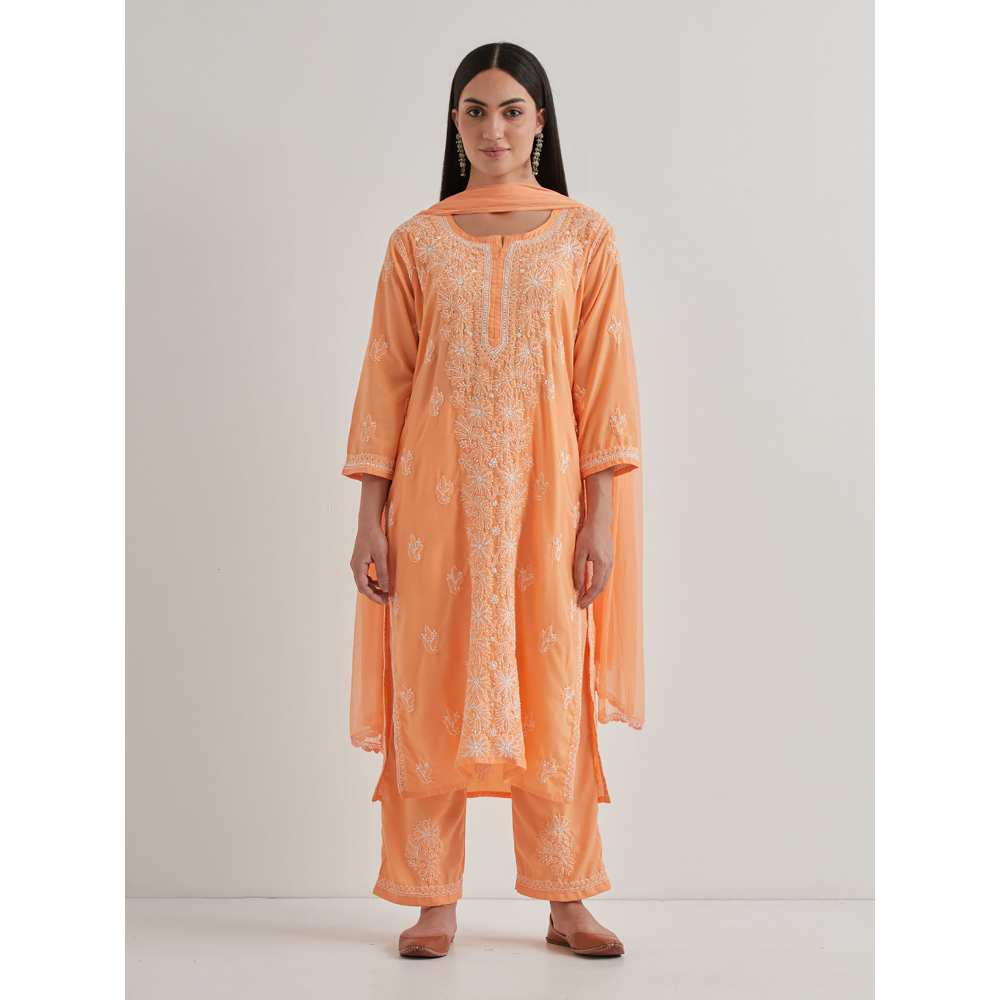 Priya Chaudhary Cotton Embroidered Orange Kurta with Pant and Dupatta (Set of 3)