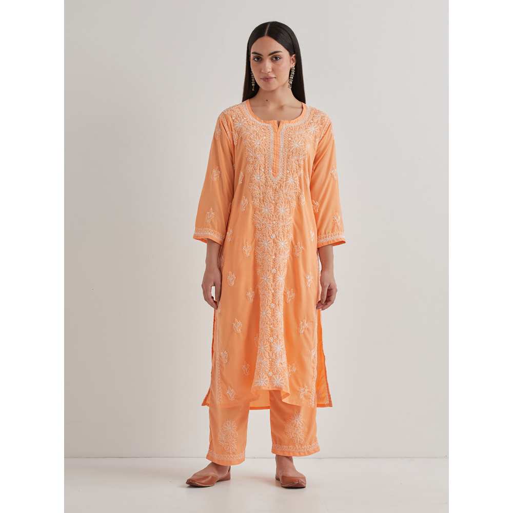 Priya Chaudhary Cotton Embroidered Orange Kurta with Pant and Dupatta (Set of 3)