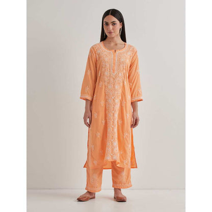 Priya Chaudhary Cotton Embroidered Orange Kurta with Pant and Dupatta (Set of 3)