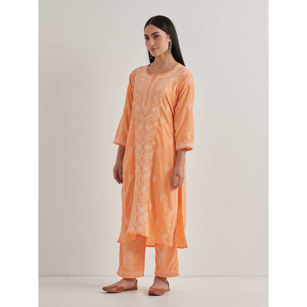 Priya Chaudhary Cotton Embroidered Orange Kurta with Pant and Dupatta (Set of 3)