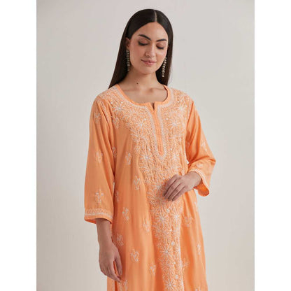 Priya Chaudhary Cotton Embroidered Orange Kurta with Pant and Dupatta (Set of 3)