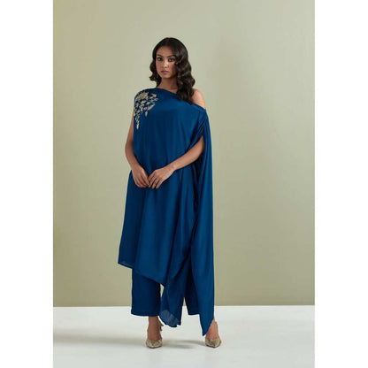 Priya Chaudhary Blue Embroidered Crepe Kurta with Pants (Set of 2)