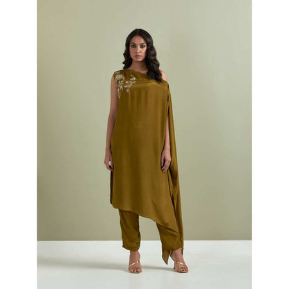 Priya Chaudhary Olive Embroidered Crepe Kurta with Pants (Set of 2)