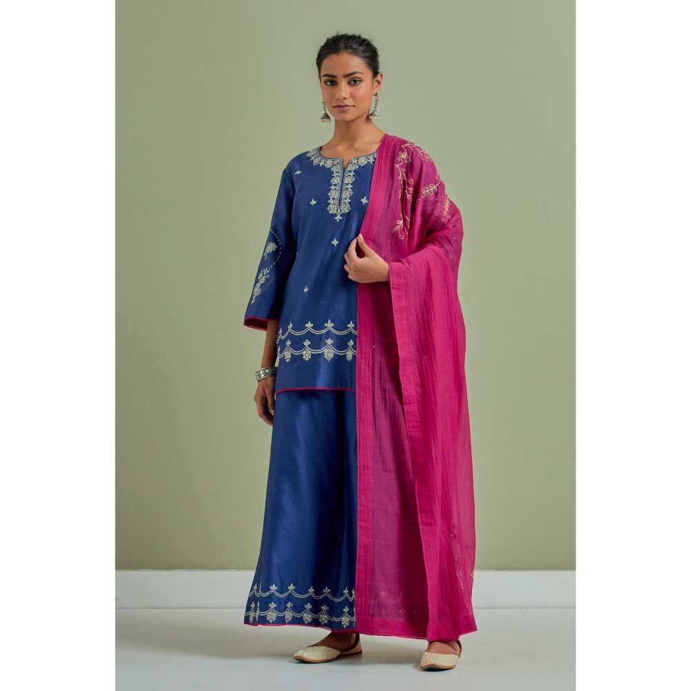Priya Chaudhary Blue Embroidered Chanderi Silk Kurti Palazzo and Dupatta (Set of 3)