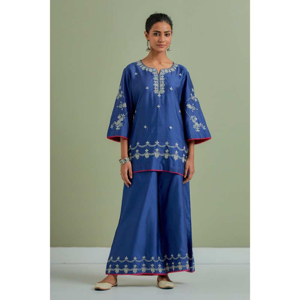 Priya Chaudhary Blue Embroidered Chanderi Silk Kurti Palazzo and Dupatta (Set of 3)