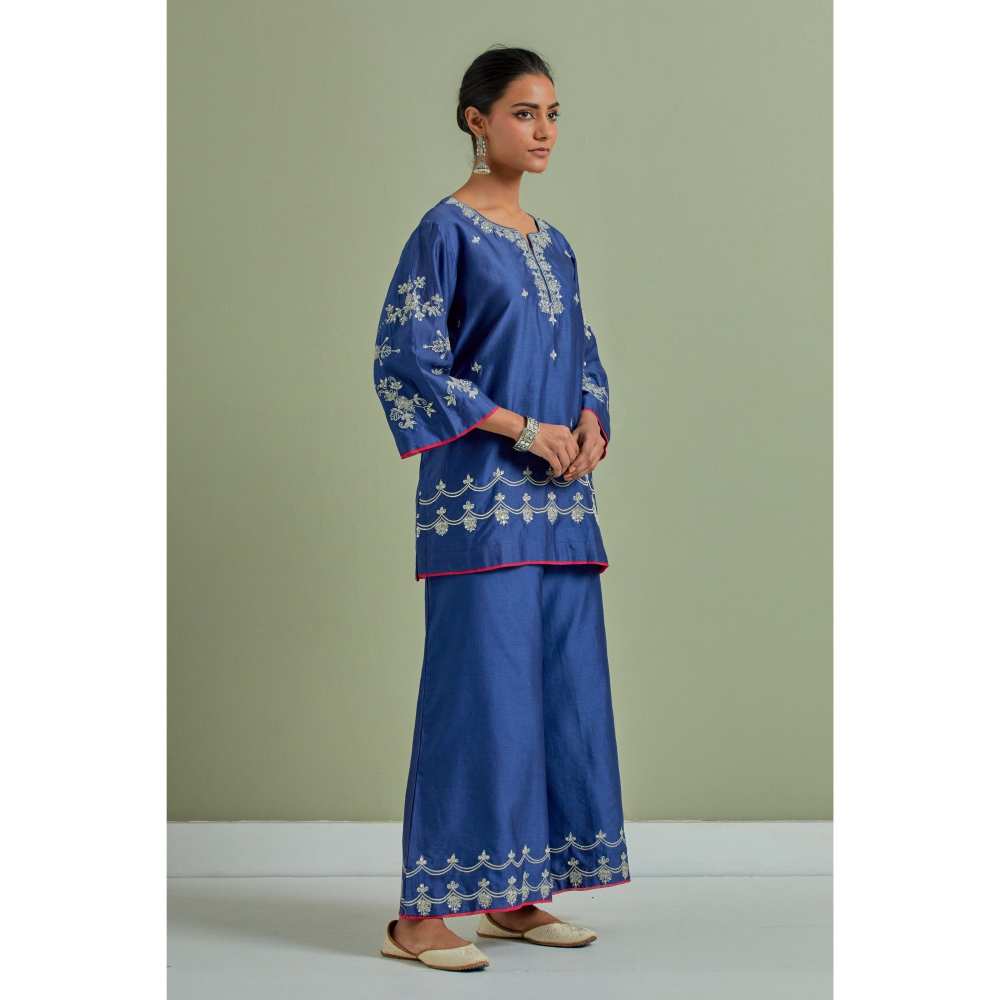 Priya Chaudhary Blue Embroidered Chanderi Silk Kurti Palazzo and Dupatta (Set of 3)