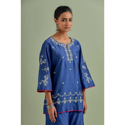 Priya Chaudhary Blue Embroidered Chanderi Silk Kurti Palazzo and Dupatta (Set of 3)