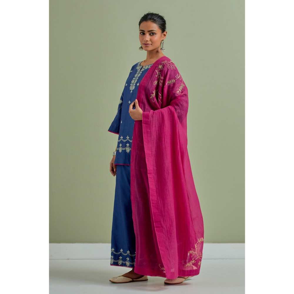 Priya Chaudhary Blue Embroidered Chanderi Silk Kurti Palazzo and Dupatta (Set of 3)