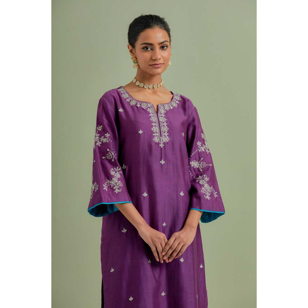 Priya Chaudhary Purple Embroidered Chanderi Silk Kurta Palazzo and Dupatta (Set of 3)