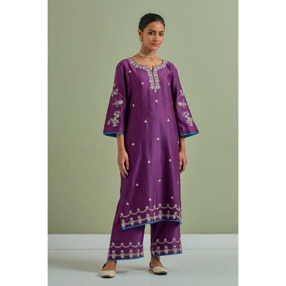 Priya Chaudhary Purple Embroidered Chanderi Silk Kurta with Palazzo (Set of 2)
