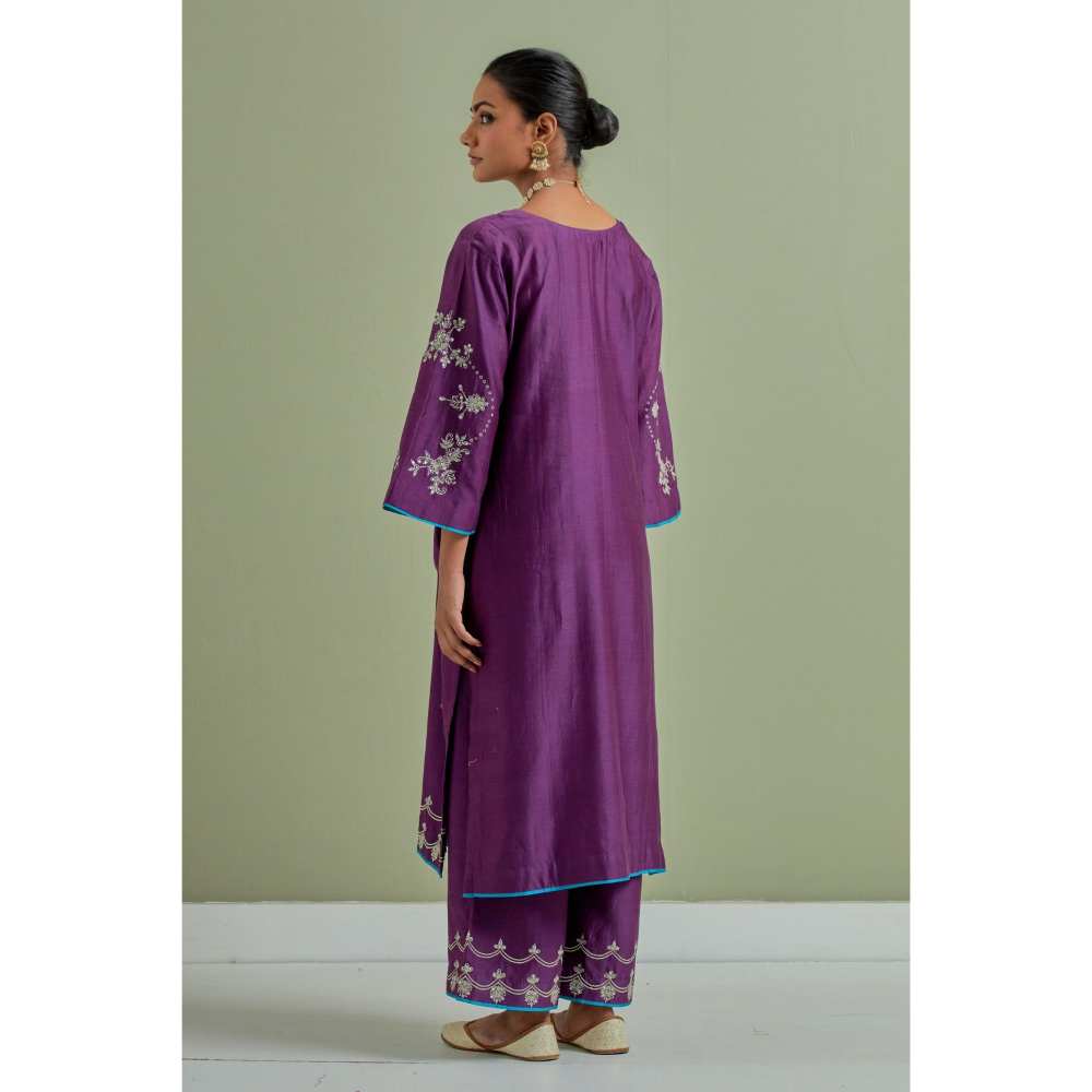 Priya Chaudhary Purple Embroidered Chanderi Silk Kurta with Palazzo (Set of 2)