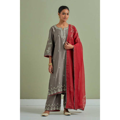 Priya Chaudhary Grey Embroidered Chanderi Silk Kurta Palazzo and Dupatta (Set of 3)