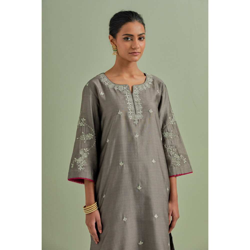 Priya Chaudhary Grey Embroidered Chanderi Silk Kurta Palazzo and Dupatta (Set of 3)