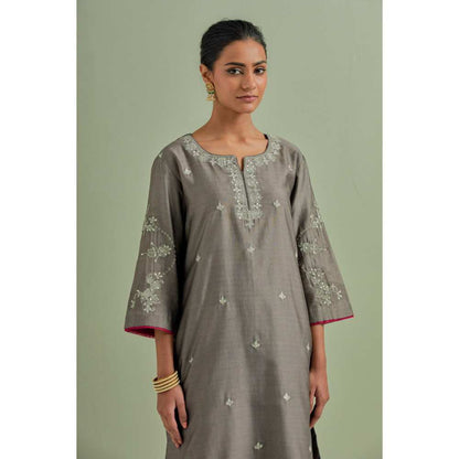 Priya Chaudhary Grey Embroidered Chanderi Silk Kurta Palazzo and Dupatta (Set of 3)