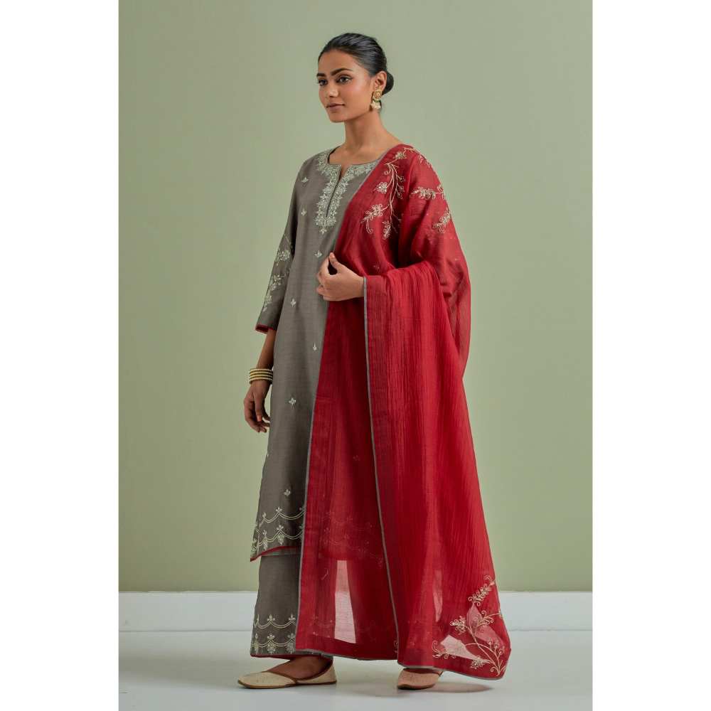 Priya Chaudhary Grey Embroidered Chanderi Silk Kurta Palazzo and Dupatta (Set of 3)