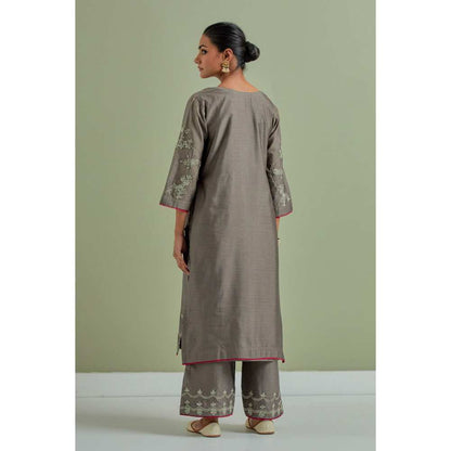 Priya Chaudhary Grey Embroidered Chanderi Silk Kurta with Palazzo (Set of 2)