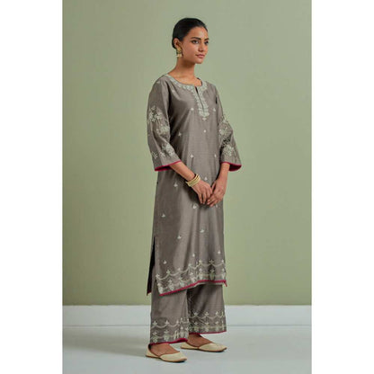 Priya Chaudhary Grey Embroidered Chanderi Silk Kurta with Palazzo (Set of 2)