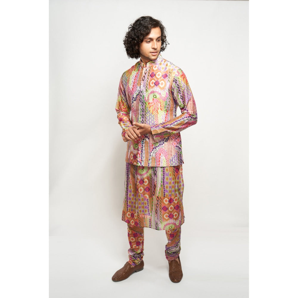 PS Men by Payal Singhal Faiz African Multi Colour Dupion Silk Bandi Kurta & Churidar (Set of 3)