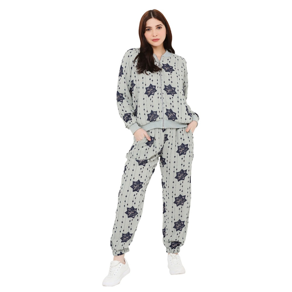 PS Pret by Payal Singhal Grey Printed Art Georgette Bomber Jacket For Women (Set of 2)