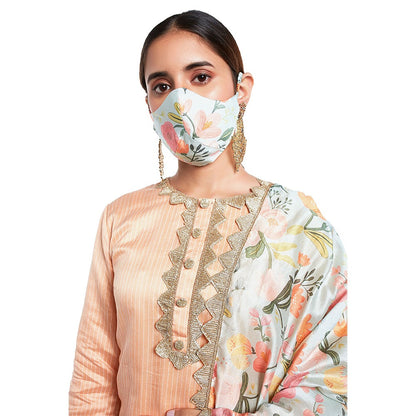 PS Pret by Payal Singhal Chanderi Stripe Kurta & Palazzo and Dupatta 3 Ply Mask (Set of 4)