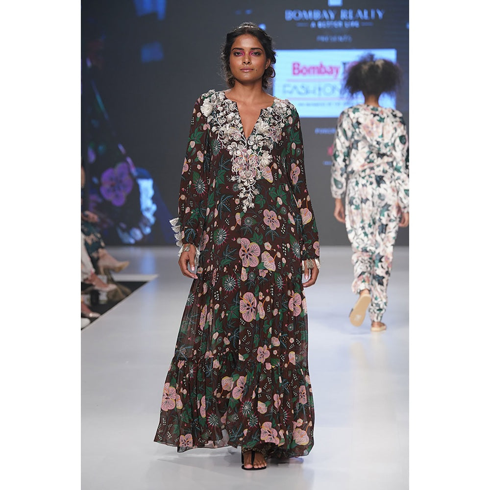 PS Pret by Payal Singhal Amineh Brown Printed Georgette Tiered Dress