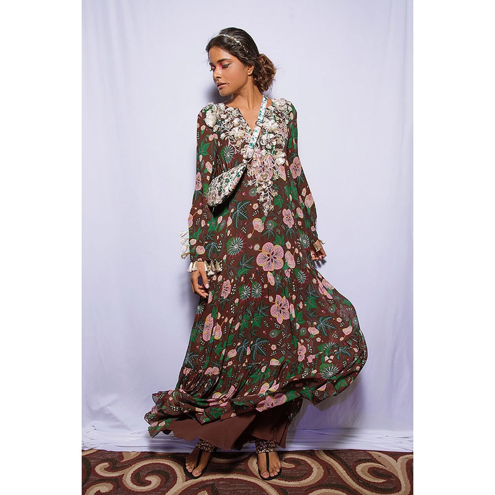 PS Pret by Payal Singhal Amineh Brown Printed Georgette Tiered Dress