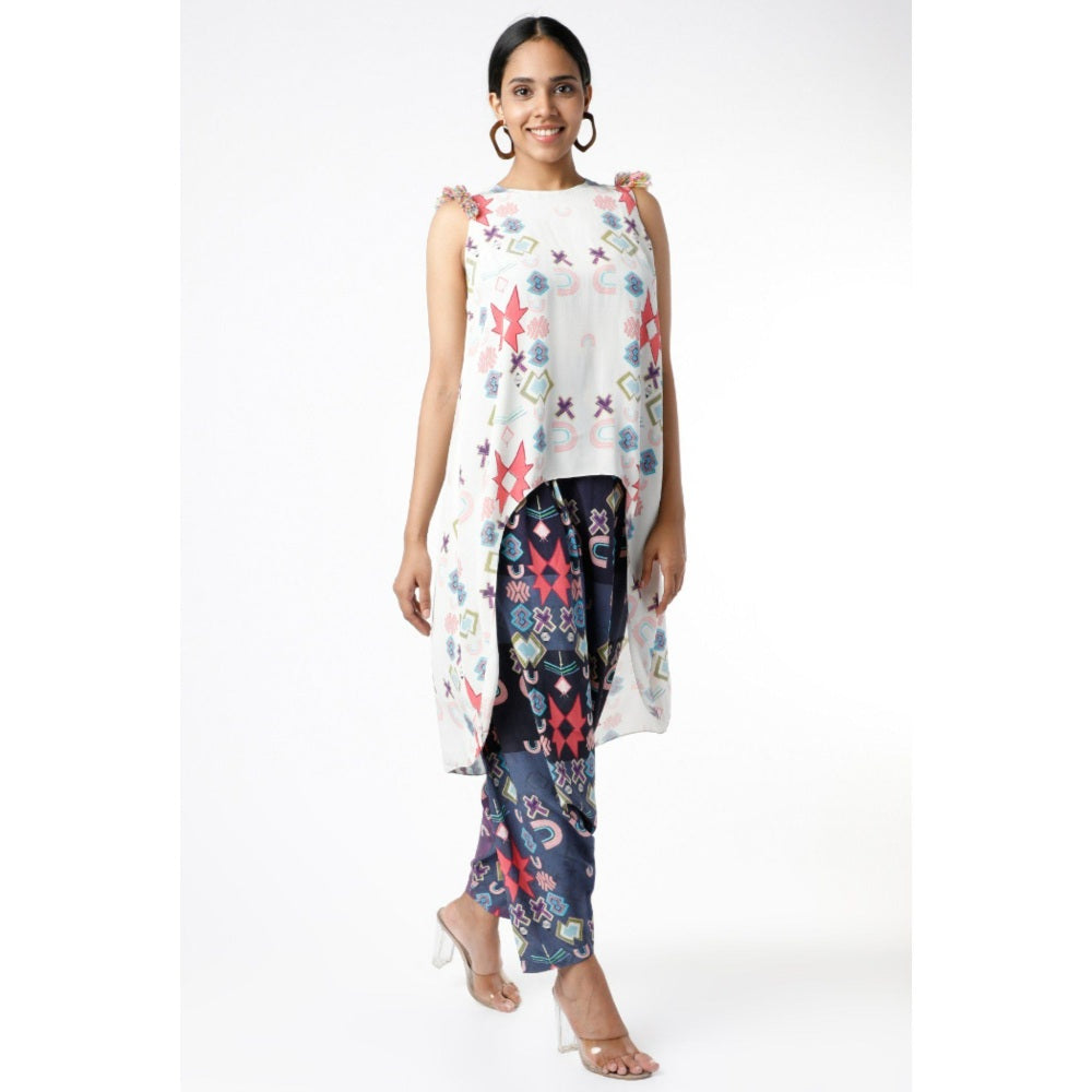 PS Pret by Payal Singhal White Ikat Printed Tunic with Purple Low Crotch Pants (Set of 2)