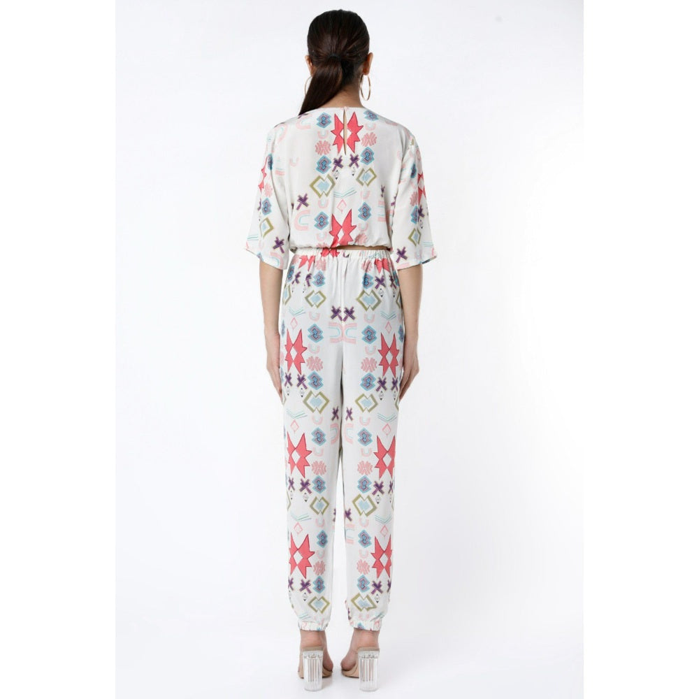 PS Pret by Payal Singhal White Ikat Star Small Print Crepe Top with Jogger Pants (Set of 2)