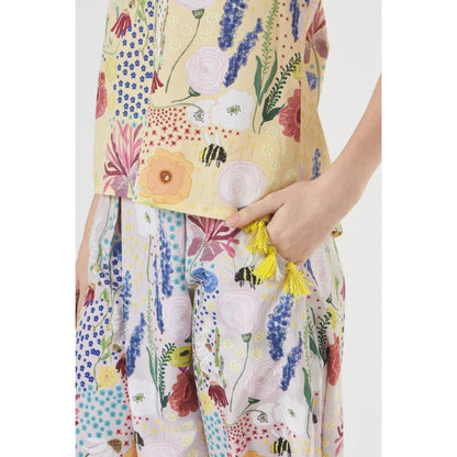 PS Pret by Payal Singhal Yellow Bee Garden Art Crepe Top with Low Crotch Pants (Set of 2)