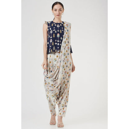 PS Pret by Payal Singhal Navy Embroidered Top & Georgette Draped Saree Style Dhoti (Set of 2)
