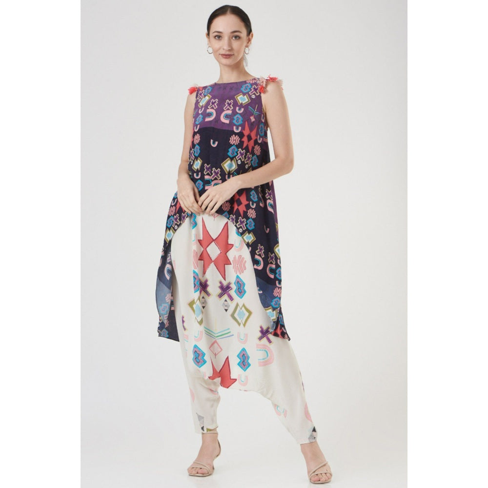 PS Pret by Payal Singhal Purple Printed Tunic with White Printed Low Crotch Pants (Set of 2)