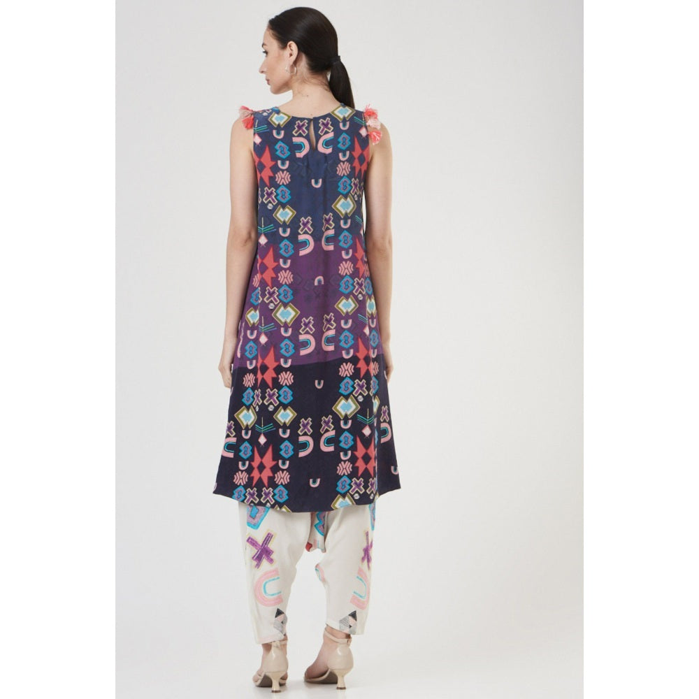 PS Pret by Payal Singhal Purple Printed Tunic with White Printed Low Crotch Pants (Set of 2)