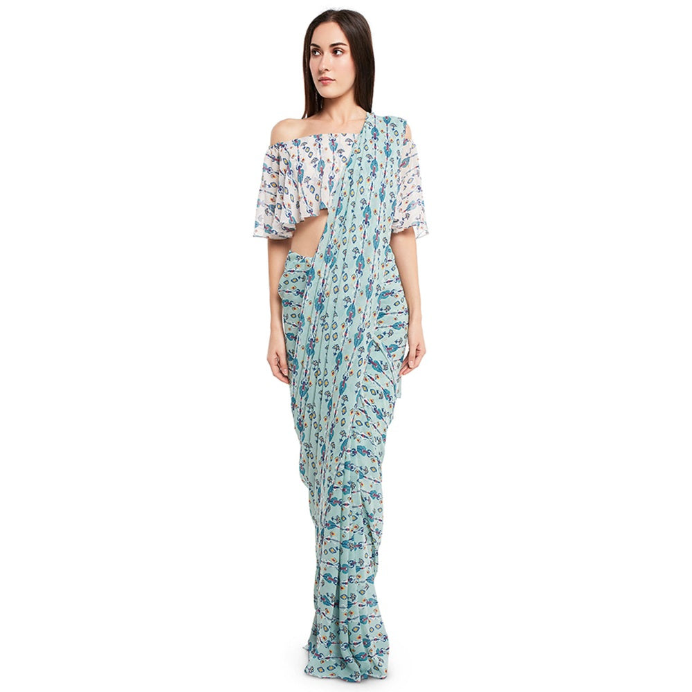 PS Pret by Payal Singhal Crepe Blue Printed Top With Saree (Set of 2)