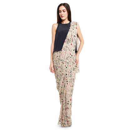 PS Pret by Payal Singhal Crepe White Printed Top With Saree (Set of 2)
