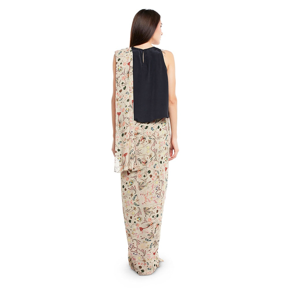 PS Pret by Payal Singhal Crepe White Printed Top With Saree (Set of 2)
