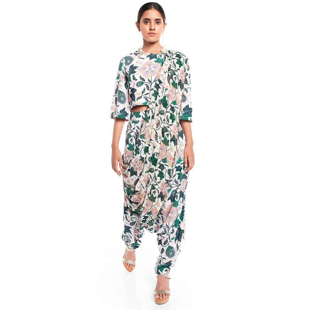 PS Pret by Payal Singhal Georgette White Printed Top With Dhoti Pant (Set of 2)