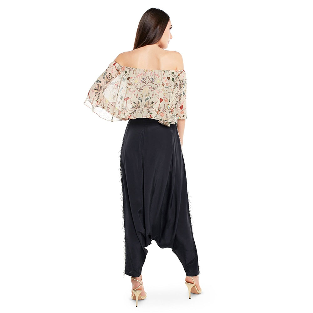 PS Pret by Payal Singhal Crepe Off White Printed Top With Dhoti Pant (Set of 2)