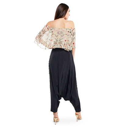 PS Pret by Payal Singhal Crepe Off White Printed Top With Dhoti Pant (Set of 2)