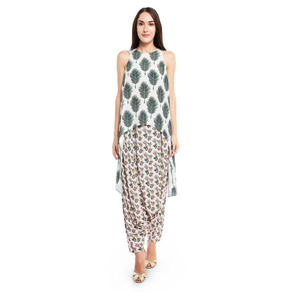PS Pret by Payal Singhal Crepe Off White Printed Top With Dhoti Pant (Set of 2)