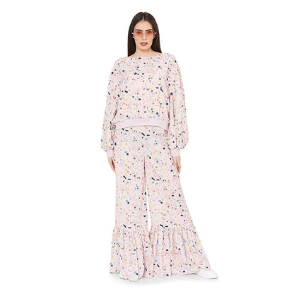 PS Pret by Payal Singhal Pink Printed Art Crepe Oversized Top With Frill Palazzo (Set of 2)