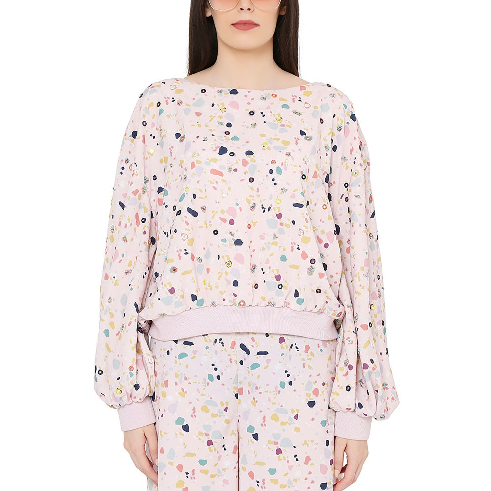 PS Pret by Payal Singhal Pink Printed Art Crepe Oversized Top With Frill Palazzo (Set of 2)