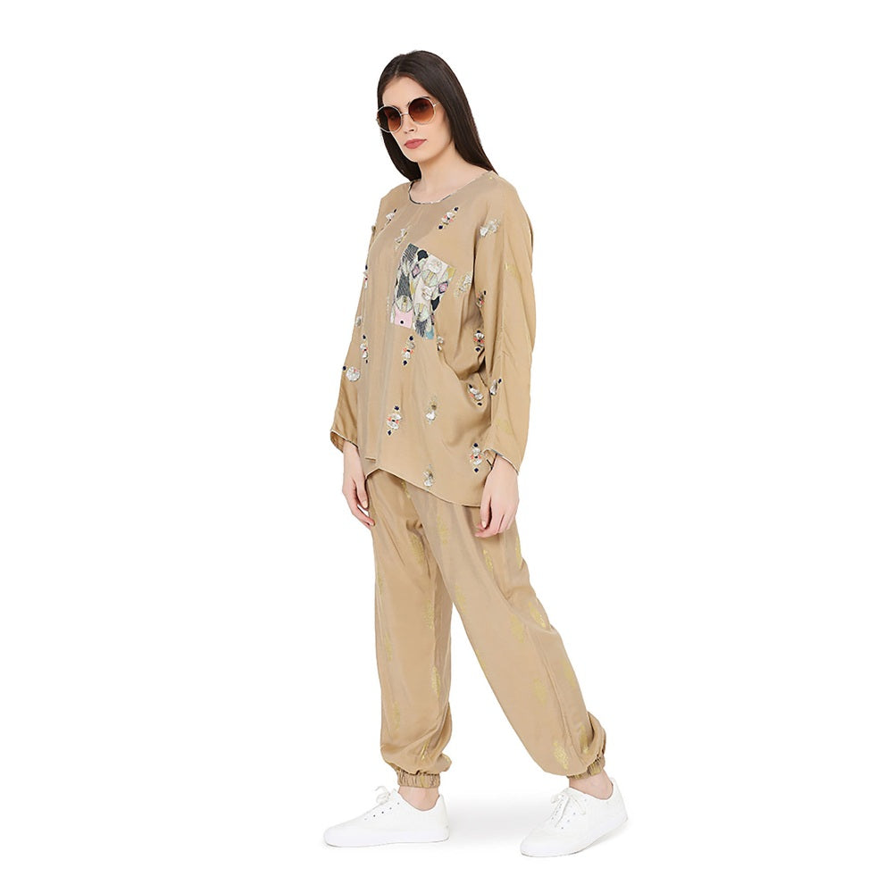 PS Pret by Payal Singhal Gold Brocade Oversized Top With Jogger Pant Set (Set of 2)