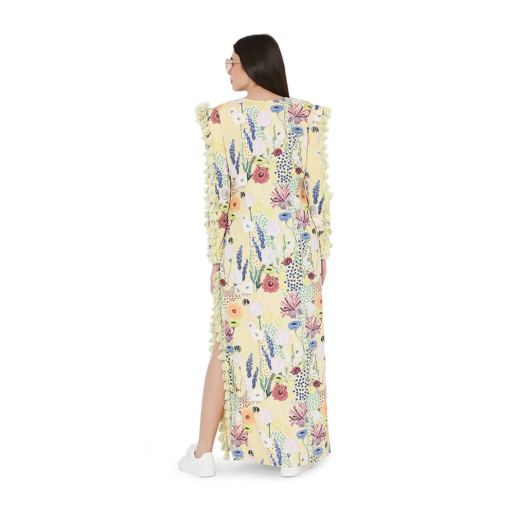 PS Pret by Payal Singhal Yellow Printed Art Crepe High Slit Kaftaan