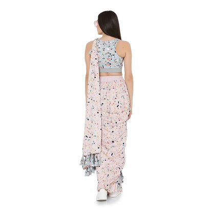 PS Pret by Payal Singhal Green Printed Choli With Pink Art Crepe Stitched Saree (Set of 2)
