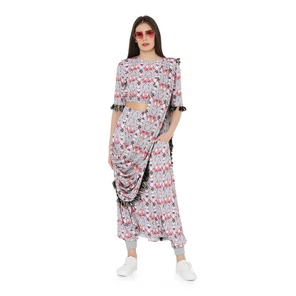 PS Pret by Payal Singhal Printed Top and Low Crotch Pant With Attached Drape Dupatta (Set of 3)